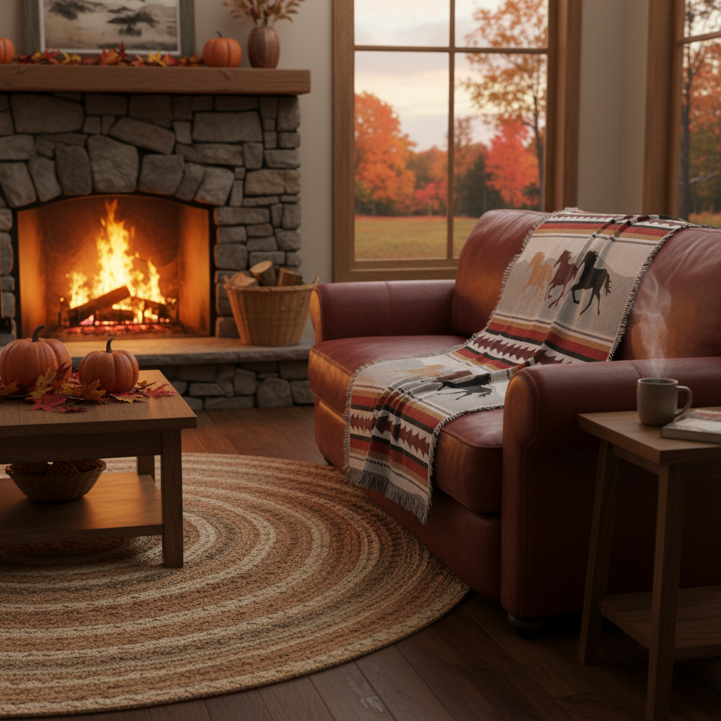 Running Horses with Fringe Woven Blanket