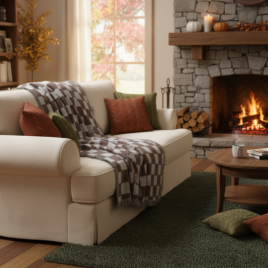 Checkered with Fringe Woven Blanket set on a sofa in a living room.