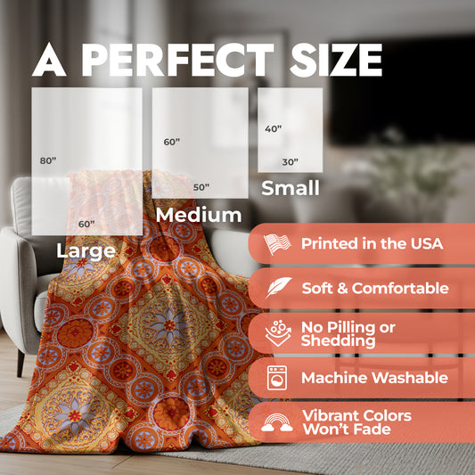 Mandala fleece blanket draped over an accent chair with product size chart and product features list.