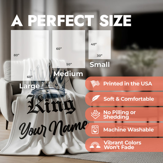 Personalized King blanket showing product size chart and product features list.