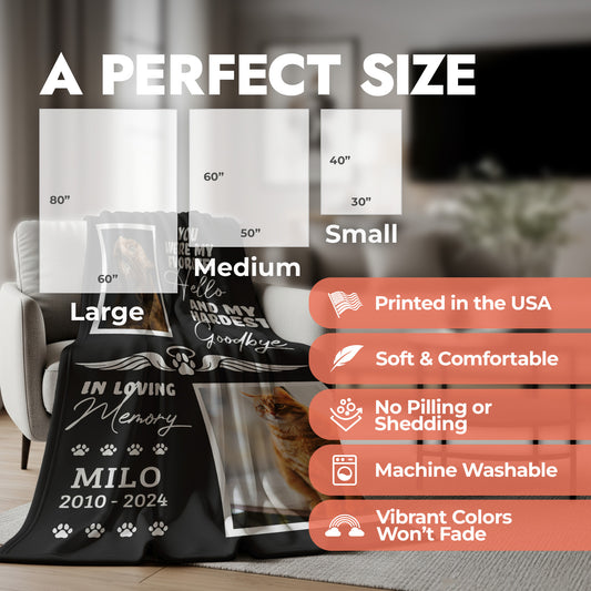 Product display with size chart and blanket details, featuring a cat memorial blanket spread across an accent chair in a living room.