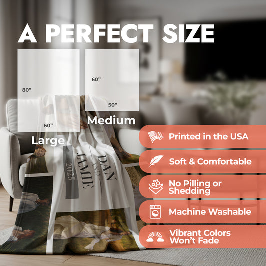 Engagement photo collage blanket spread across an accent chair in a living room setting with product size chart and product feature list.