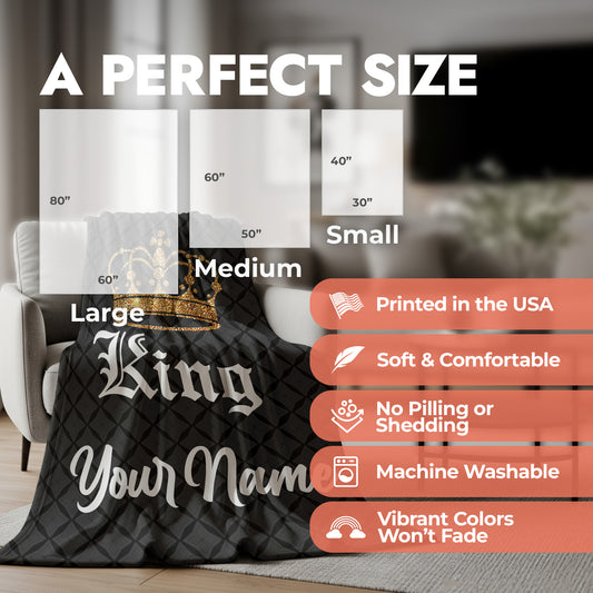 Personalized King fleece blanket spread on an accent chair in the living room with product size chart and product features list.