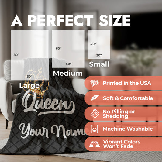 Queen fleece blanket set on an accent chair with product size chart and product features list.