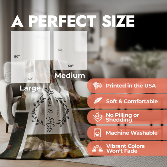 Engagement photo collage blanket spread across accent chair in a living room with product size chart and product features list.