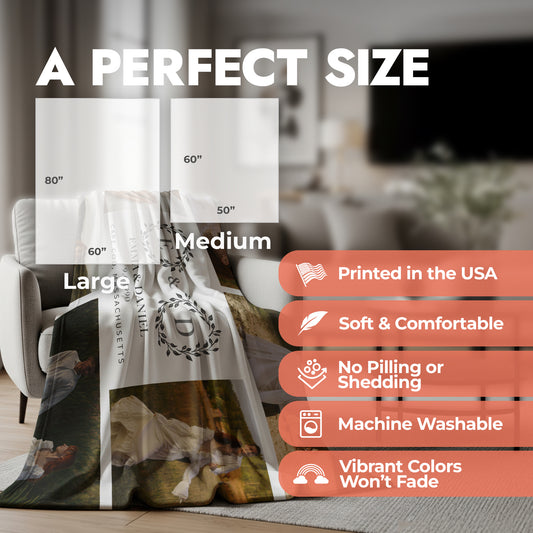 Blanket spread across an accent chair with product size chart and product features.