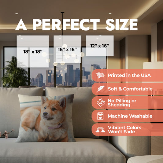 Product size chart for custom photo pillow and list of product features.