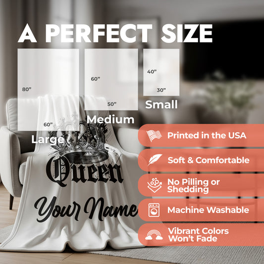 Personalized queen blanket spread on an accent chair with product size chart and product features list.