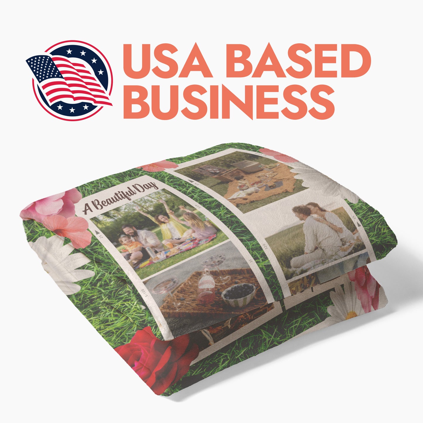 Blanket with printed images and text, featuring an American flag and 'USA Based Business' text.