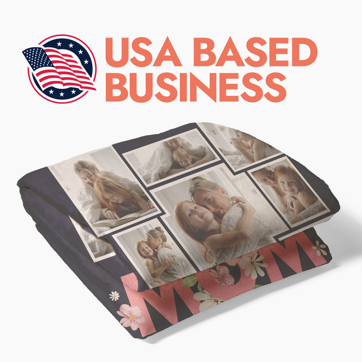 Personalized photo collage blanket with 'The Best Mom' text and floral design folded with heading text 'USA Based Business'.