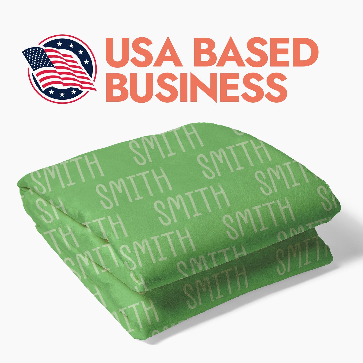 Green blanket folded with 'Smith' text printed on it with text headline stating USA based business.