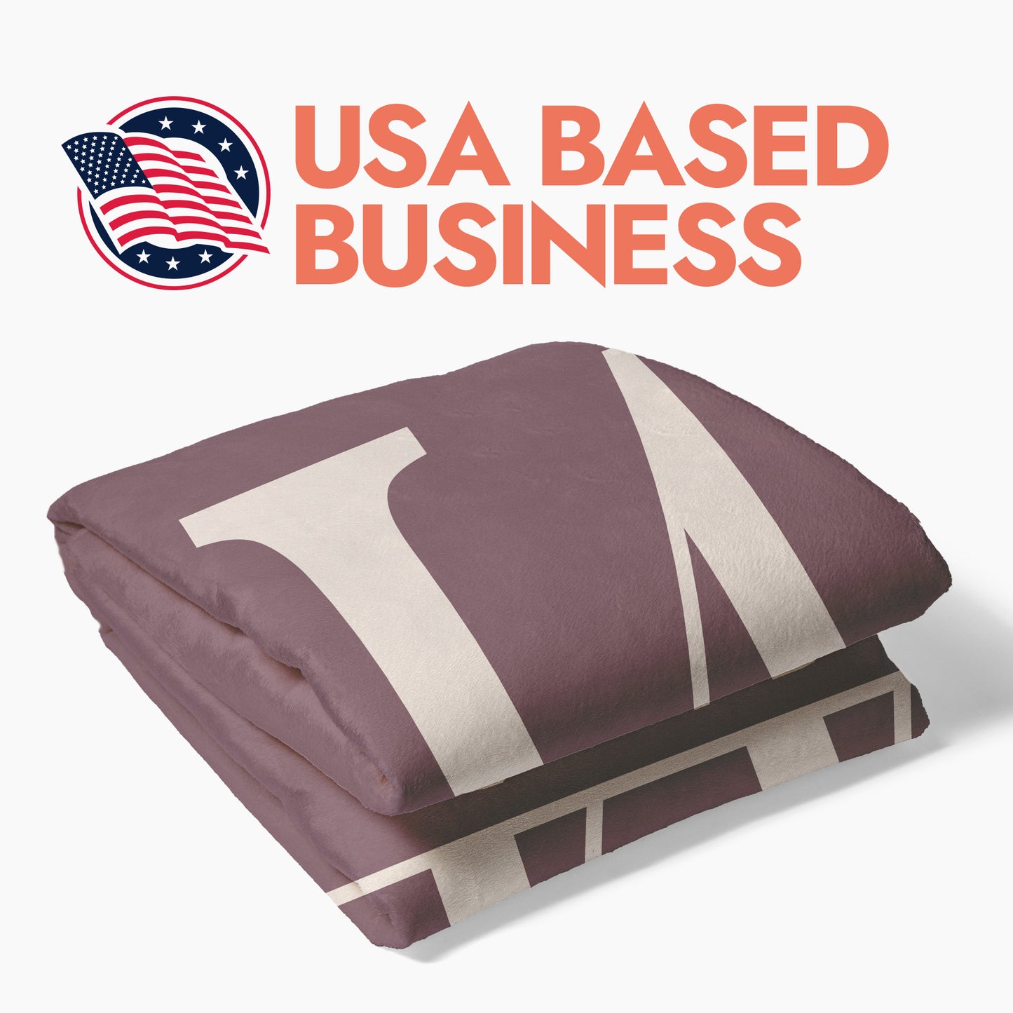 Folded blanket with heading text 'USA Based Business'
