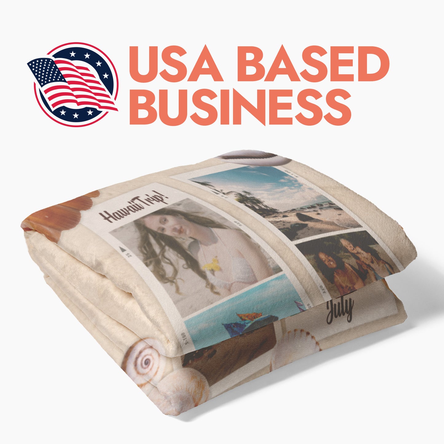Folded blanket with images and text, branded as a USA-based business.