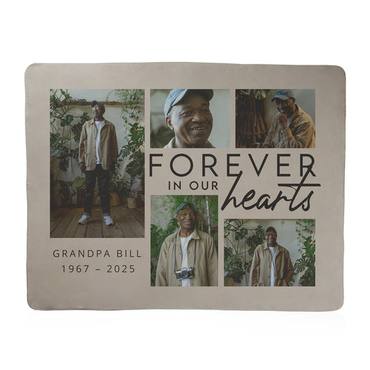 Memorial photo collage with example text 'Forever in our hearts Grandpa Bill 1967 - 2025' on a rounded edge blanket.