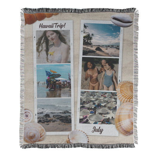 Personalized photo collage blanket with beach-themed images and text on a white background on woven blanket
