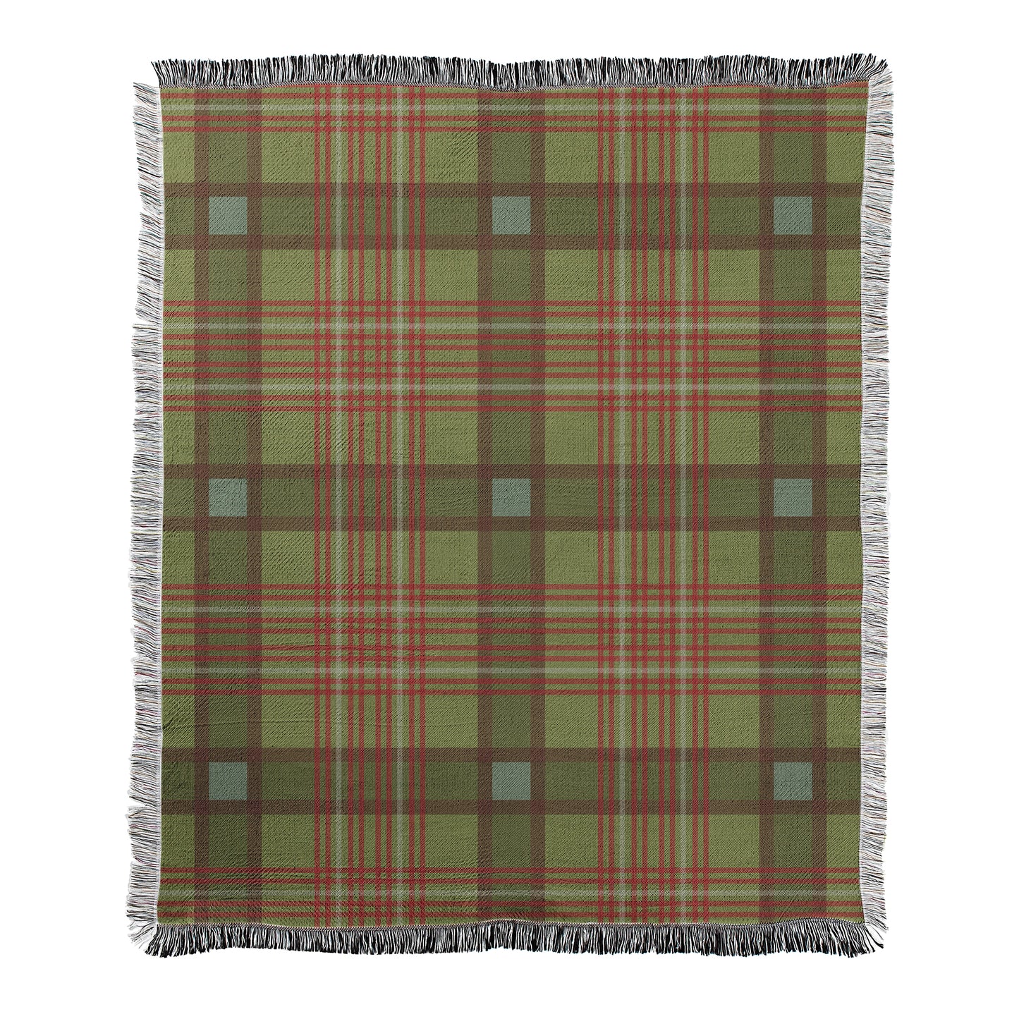 Green and red plaid design printed on a woven fleece blanket with decorative fringed edges.