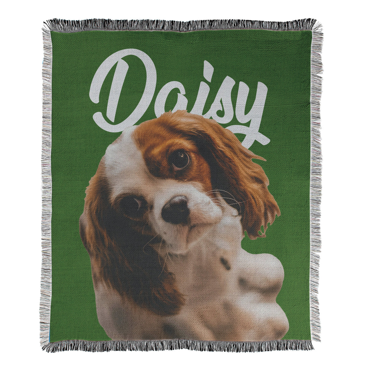 Green blanket with a dog's face and the name 'Daisy' printed on a woven blanket with decorative fringed edges.
