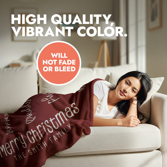 Personalized Christmas themed blanket showing vibrant colors printed with high quality.