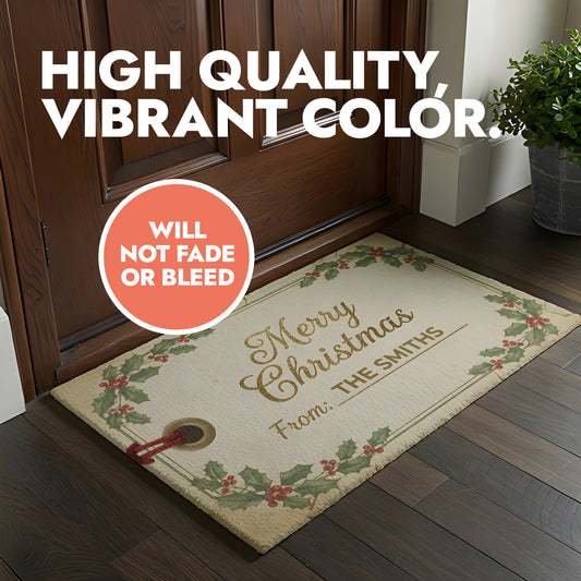 Christmas themed doormat that resembles a gift tag with header text 'high quality, vibrant color'.