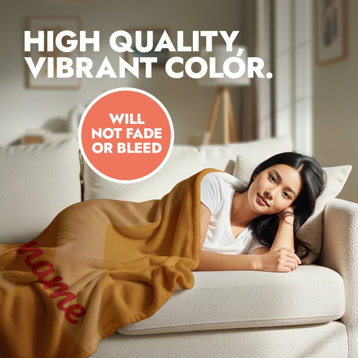Woman lying on a couch with a brown blanket, text about high quality and vibrant color.