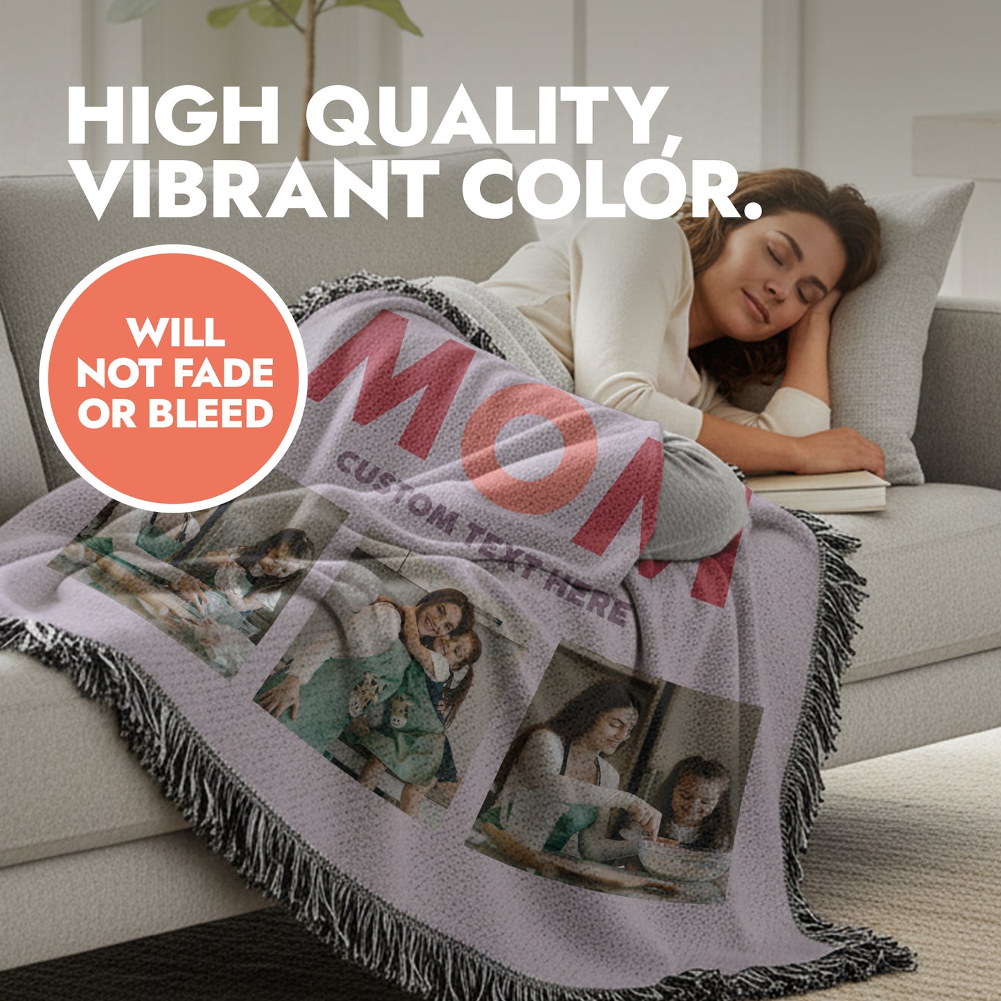 Woman lying on living room couch with a custom printed woven blanket in 50"x60" size.