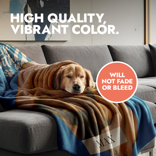 Dog lying on a blanket with text about high quality and color retention.