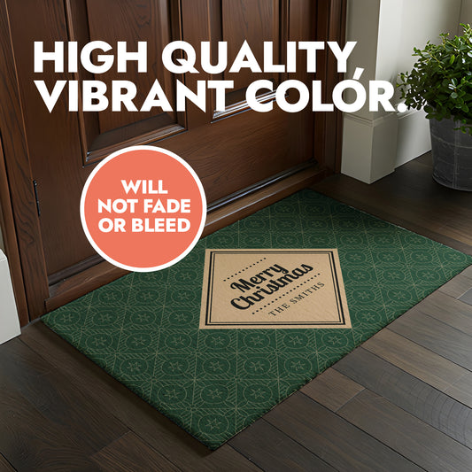 Green Christmas themed greeting doormat set in front of a door with header text 'high quality, vibrant color'.