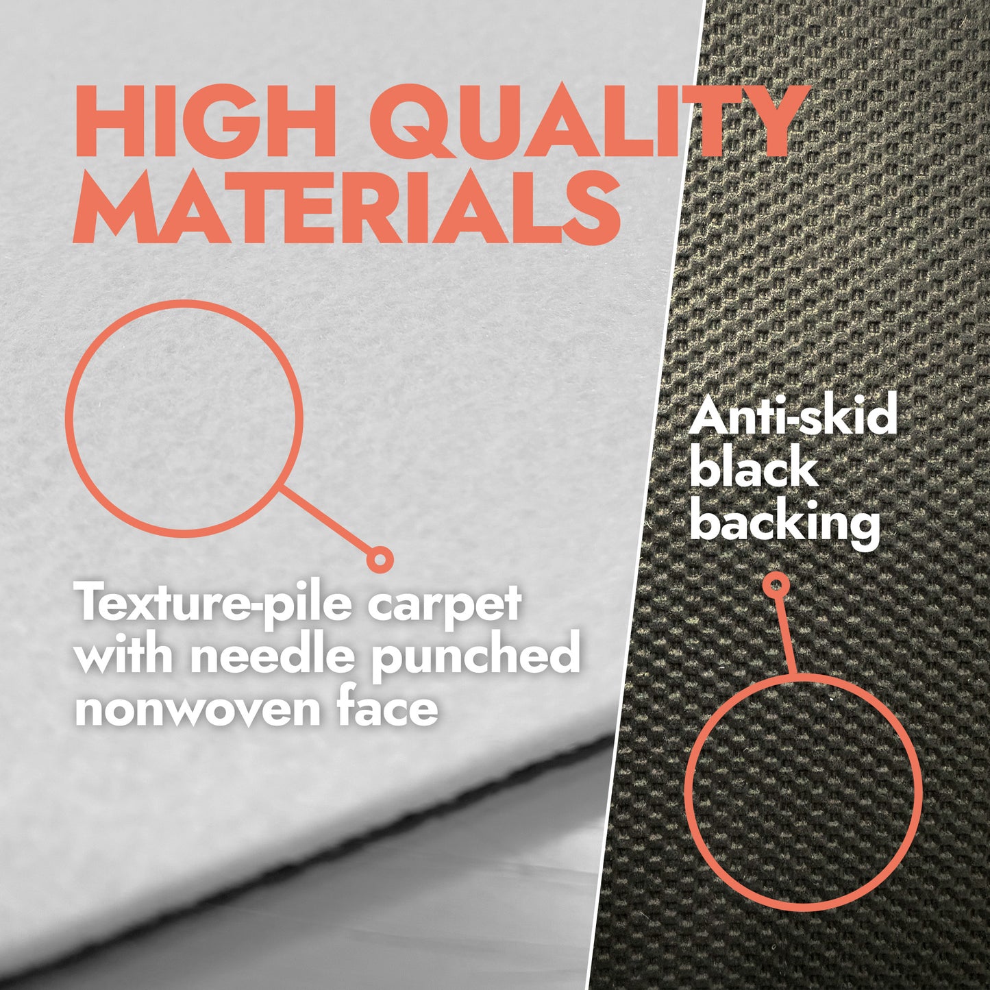 Doormat material shows close up of front side and back side with header text 'high quality materials'.