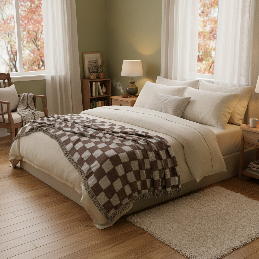 Checkered patterned with Fringe Woven Blanket