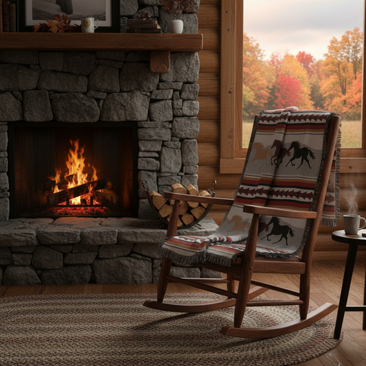 Running Horses with Fringe Woven Blanket set on a rocking chair in a living room near the fireplace.