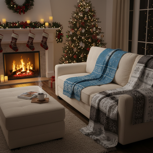 Christmas fleece blankets spread on a sofa in a living room with Christmas decorations.