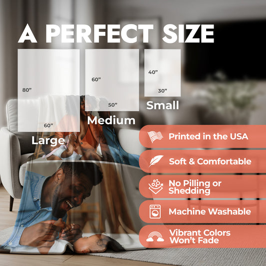 Personalized 2 photo fleece blanket draped over an accent chair with product size chart and product features list.