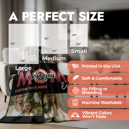 Product size chart for 4 photo collage Mother's Day blanket with list of product features.