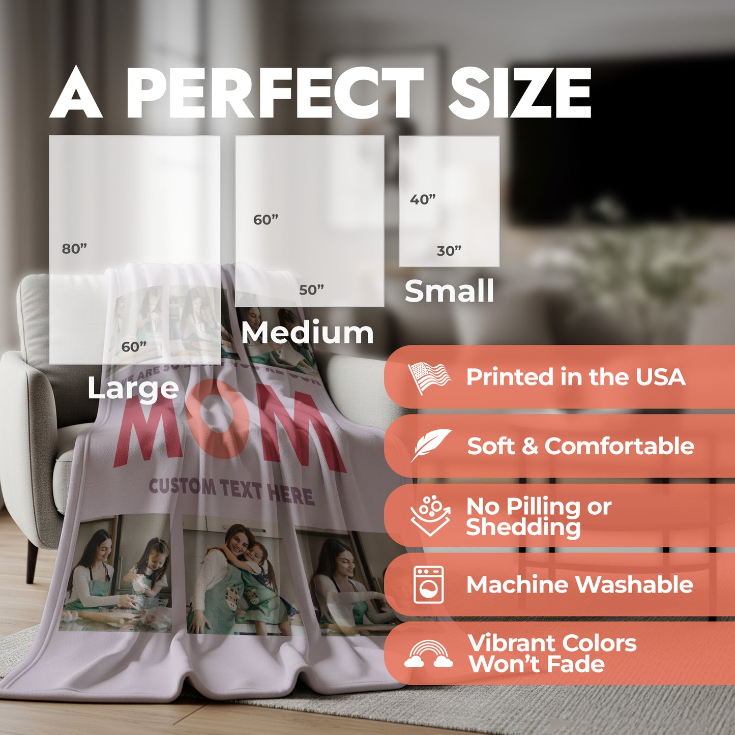 Customized photo blanket for mom with product size chart and product features list.