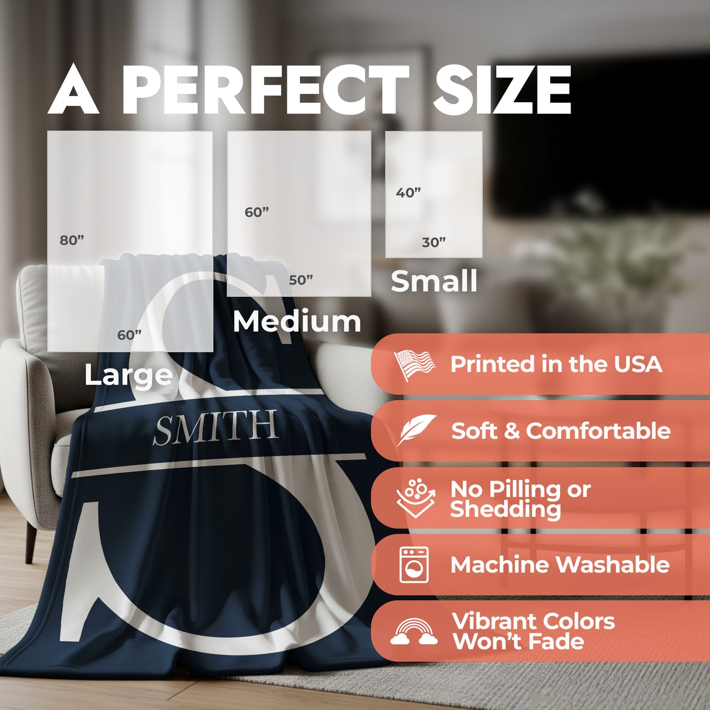 Blanket displayed in a living room setting, with size chart and product features listed.