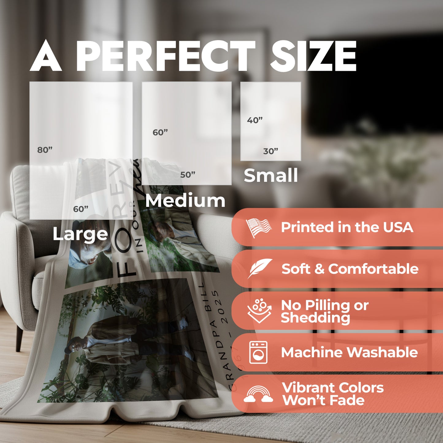 Blanket size chart with product features showing a blanket laying over an accent char in a living room setting.