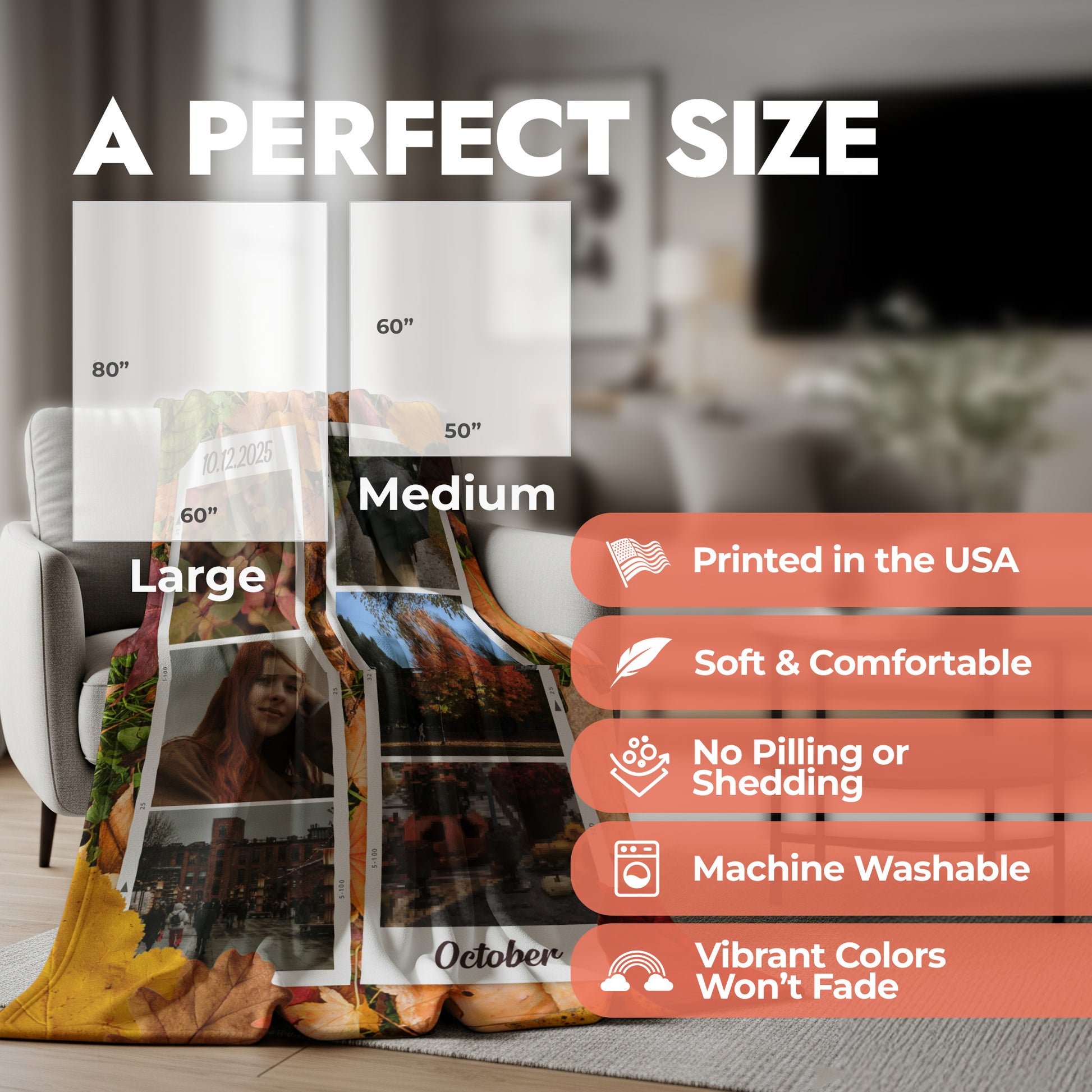 Collage of a blanket with printed images on a chair, with text about product size and features.
