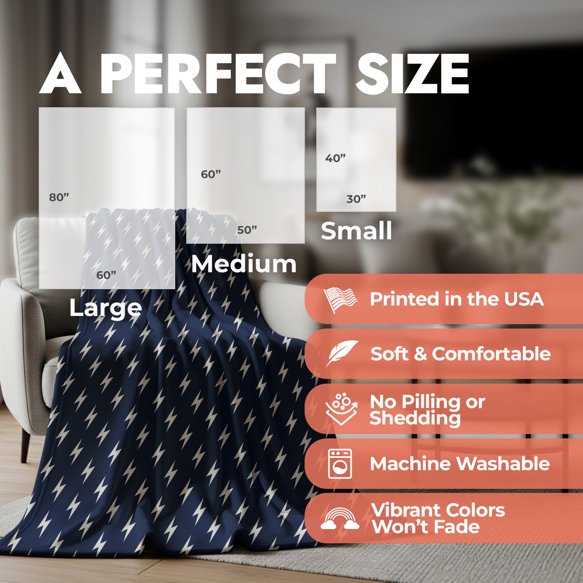 Navy lightning bolt blanket showing product size chart and list of features.