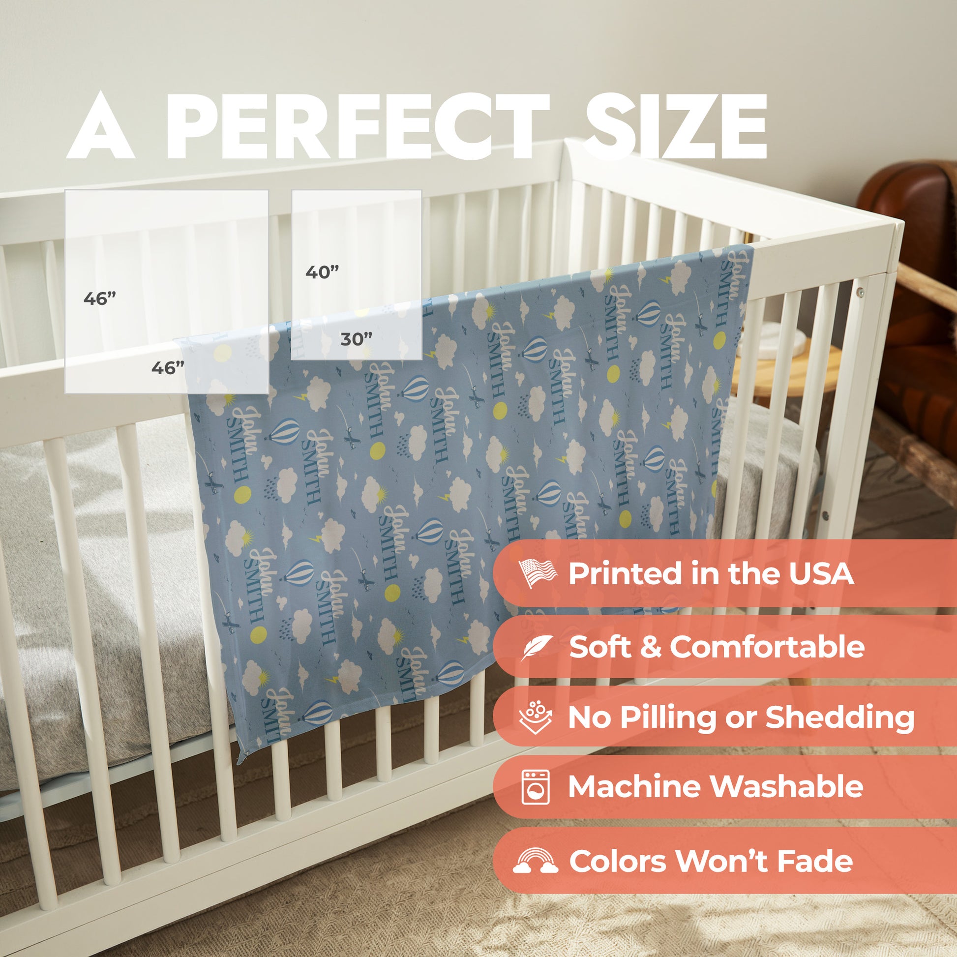 Product size chart for baby swaddle with features listed.