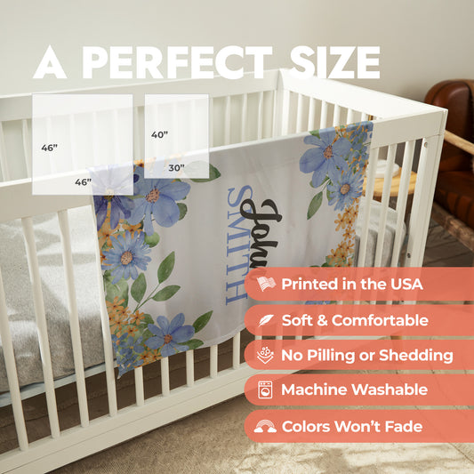 Floral baby swaddled with product size chart and product features list.