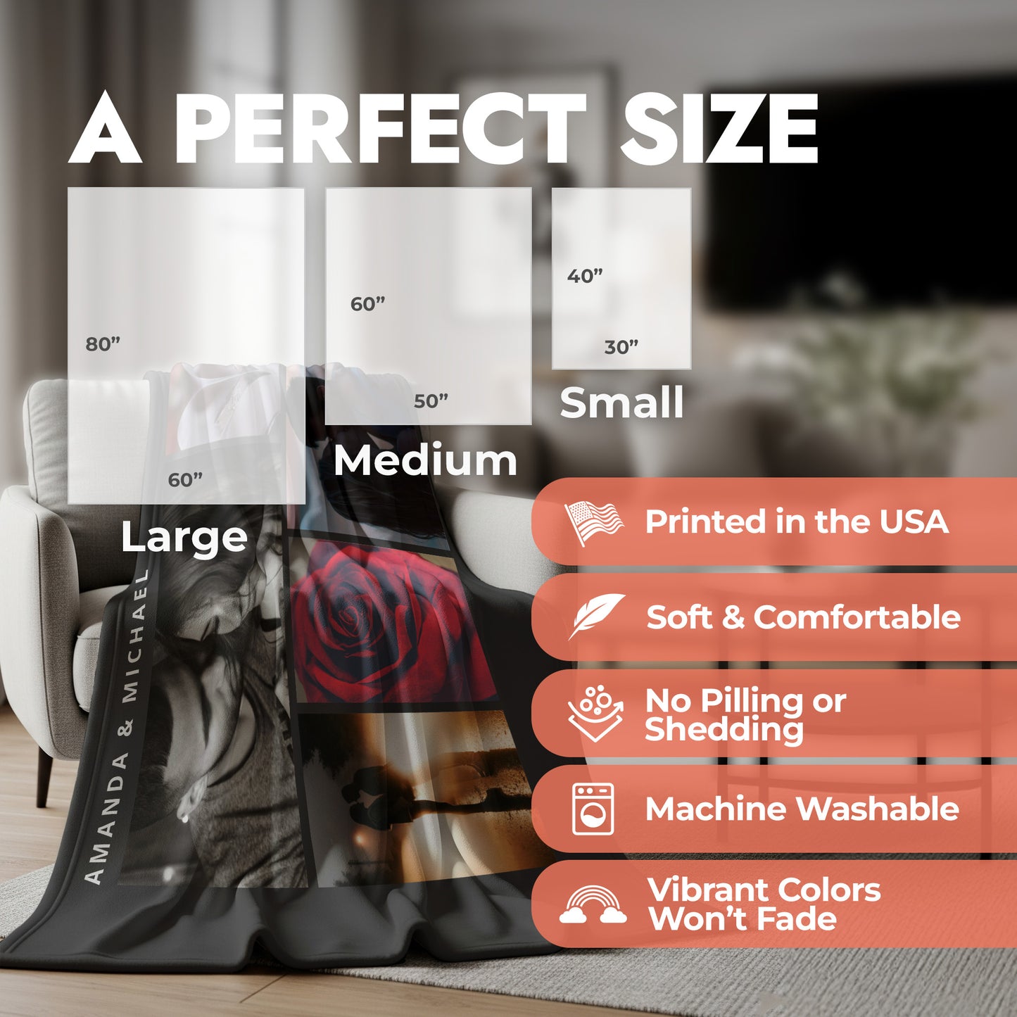 Product size chart with dimensions and features listed, blanket spread on an accent chair in a living room setting