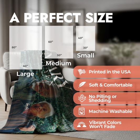 Custom photo blanket set on an accent chair, showing size chart and product features.