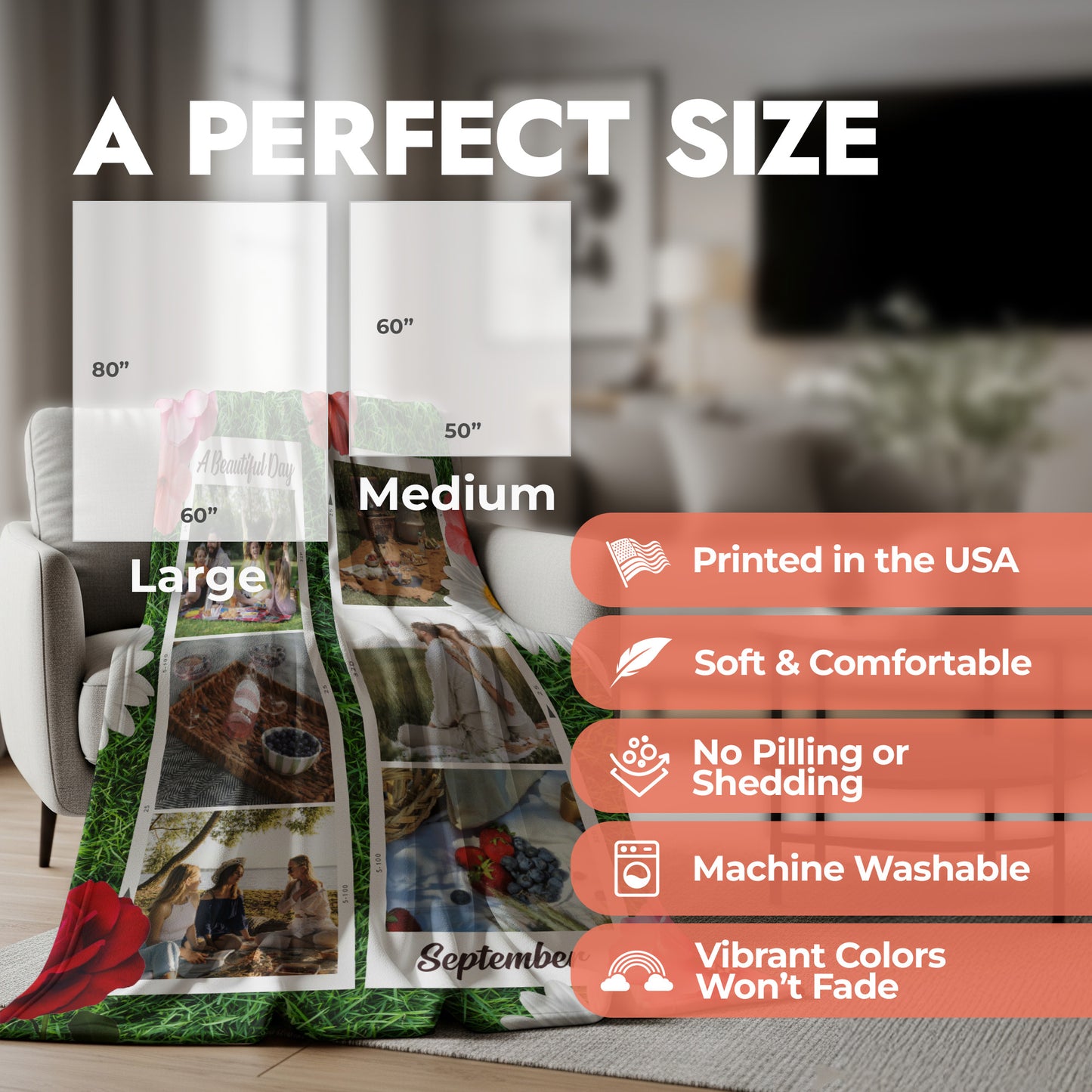 Size chart for a large and medium rug with product features listed.