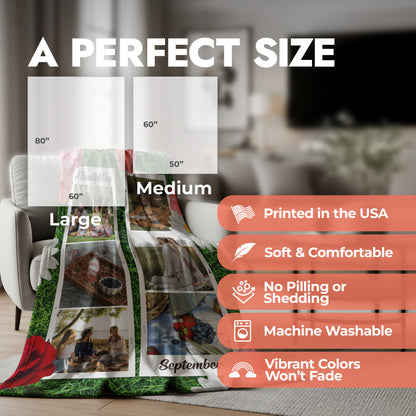 Size chart for a large and medium rug with product features listed.