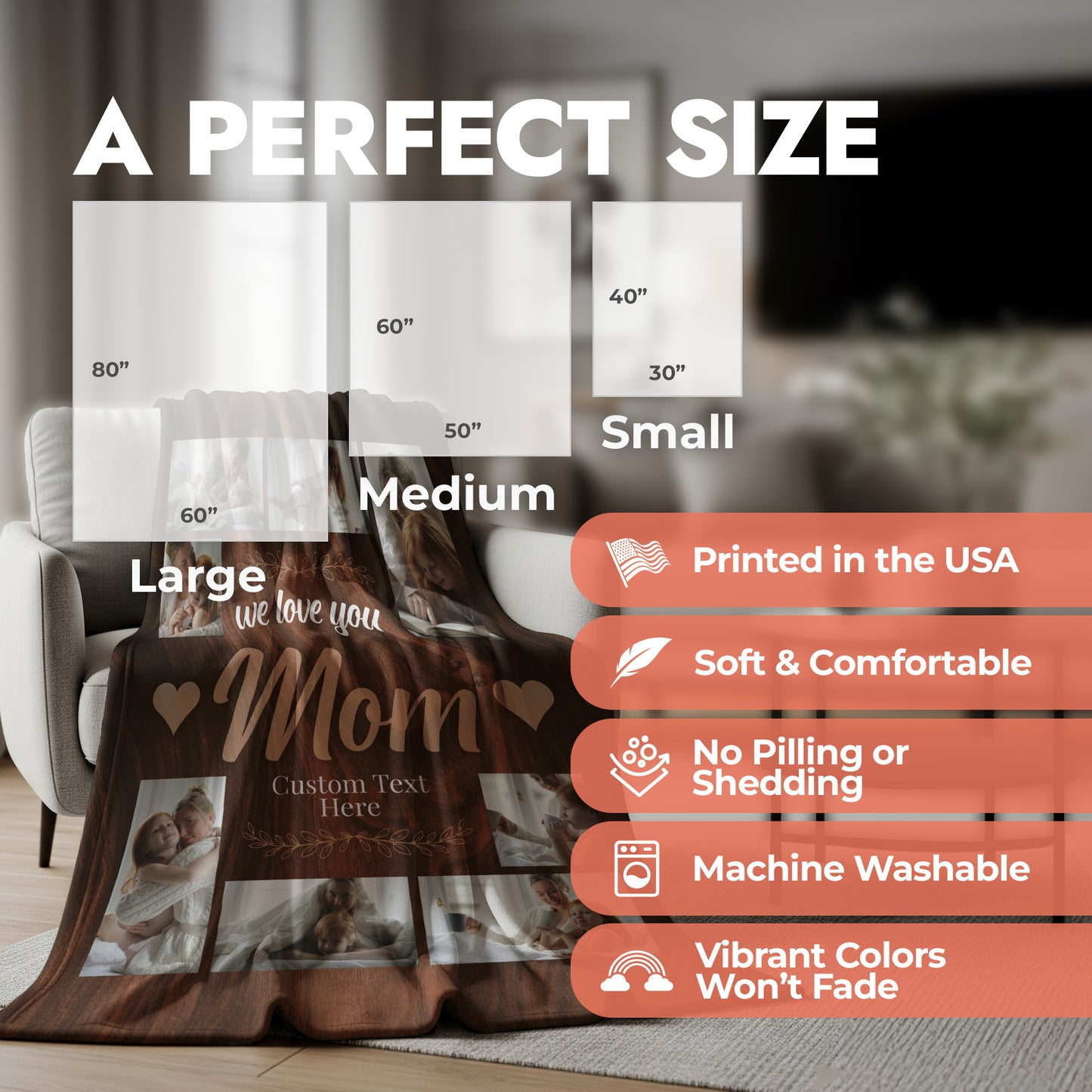 Mother's Day photo collage blanket with customizable text displayed on a couch, showing size options and product features.