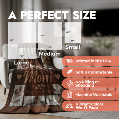 Mother's Day photo collage blanket with customizable text displayed on a couch, showing size options and product features.
