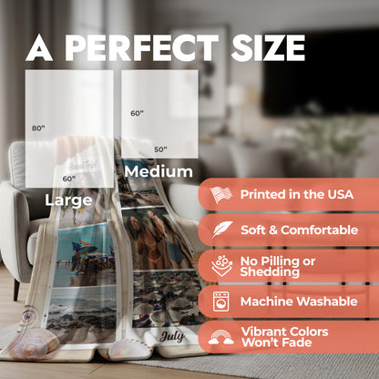 Product display with size chart and features listed on a blurred background