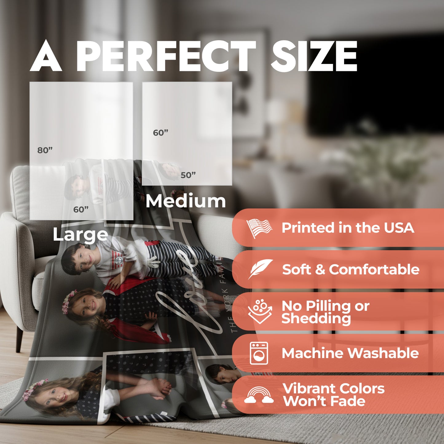 Blanket with family photo showing size options and product features.
