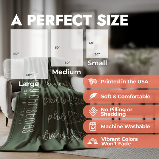 Personalized family Christmas themed blanket spread on an accent chair showing product size chart and product features list.