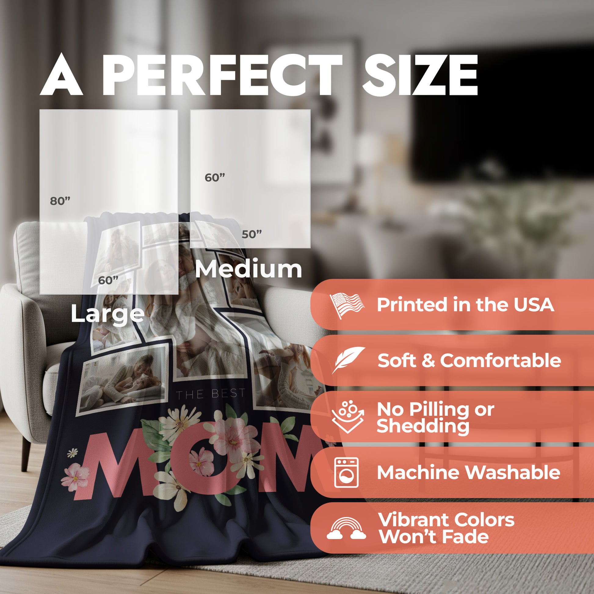 Personalized blanket with 'MOM' text displayed in a living room setting, with size chart and product feature list.